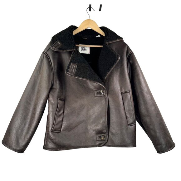 BDG Parker Faux Shearling Jacket 90s preppy minimalist brown sz XS - Picture 1 of 7
